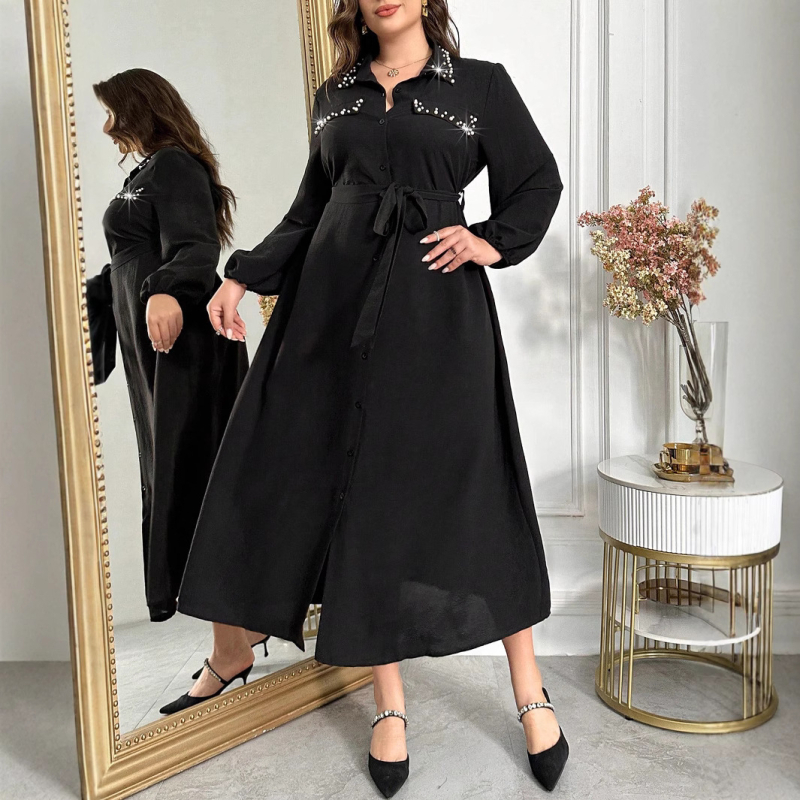 Rochie în stil Hepburn și Chanel, neagră, lungă, în croială A-line cu talie subliniată pentru primăvară-toamnă