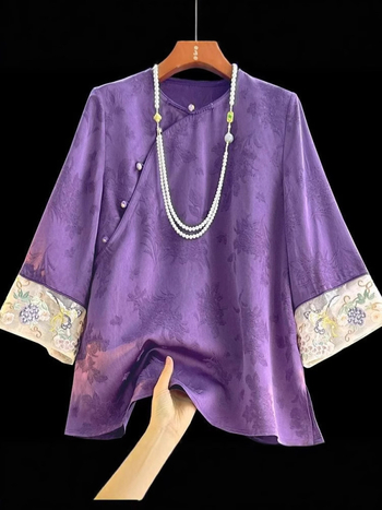 Embrodirana jacquard majica s 3/4 rukavima, moderan kinesko-zapadni stil, proljetna opuštena silueta