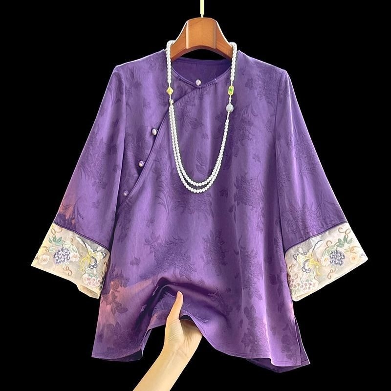 Embrodirana jacquard majica s 3/4 rukavima, moderan kinesko-zapadni stil, proljetna opuštena silueta