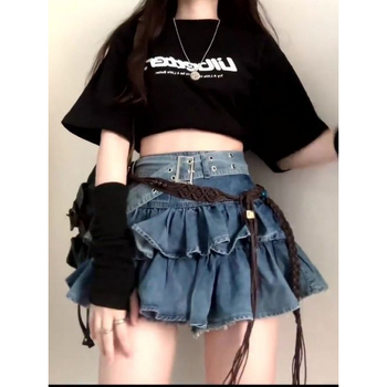 Plus veličine denim suknja s visokim strukom, dvostruka konstrukcija, retro volan na rubu, plisirana mini suknja