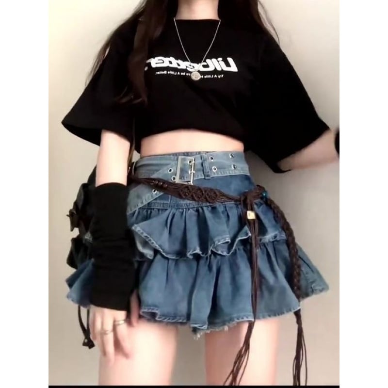 Plus veličine denim suknja s visokim strukom, dvostruka konstrukcija, retro volan na rubu, plisirana mini suknja
