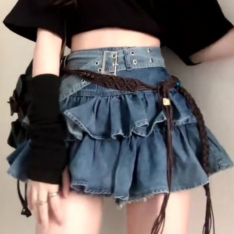 Plus veličine denim suknja s visokim strukom, dvostruka konstrukcija, retro volan na rubu, plisirana mini suknja