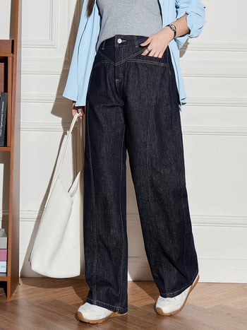 Stil coreean: pantaloni cu talie înaltă, blocuri de culoare, croi larg, tăietură în formă de sabie, plus size, jeansi lejeri pentru femei 65484