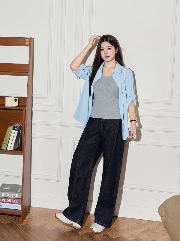 Stil coreean: pantaloni cu talie înaltă, blocuri de culoare, croi larg, tăietură în formă de sabie, plus size, jeansi lejeri pentru femei 65484