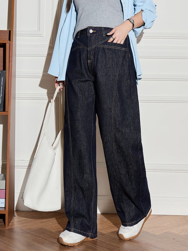 Stil coreean: pantaloni cu talie înaltă, blocuri de culoare, croi larg, tăietură în formă de sabie, plus size, jeansi lejeri pentru femei 65484