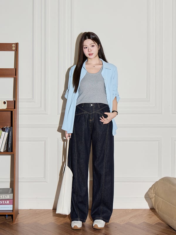 Stil coreean: pantaloni cu talie înaltă, blocuri de culoare, croi larg, tăietură în formă de sabie, plus size, jeansi lejeri pentru femei 65484