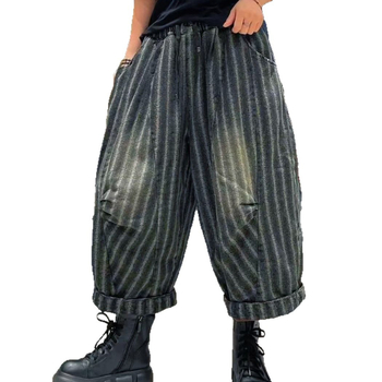 Női csíkos farmernadrág, tavasz 2026, elasztikus derekú, retro lazább szabás, mindennapi viselet, plusz méret, bokáig érő hossz, modell 26032