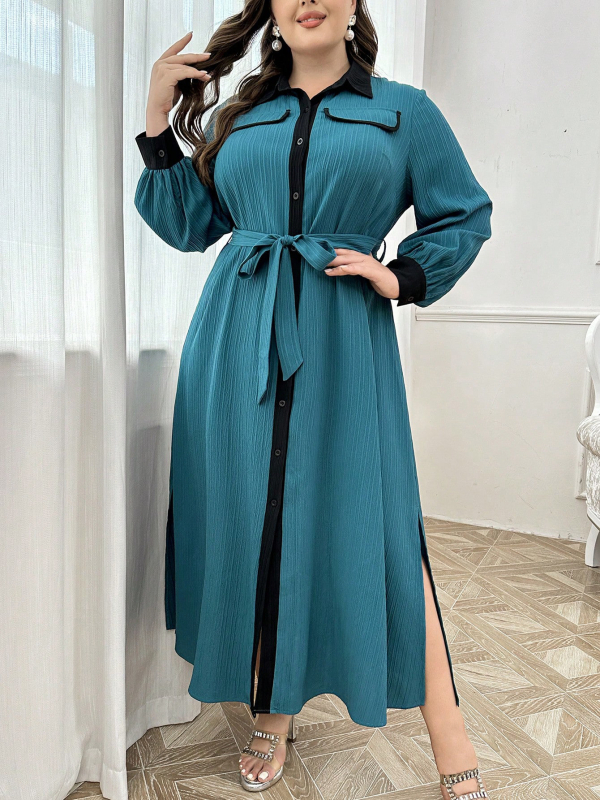 Rochie-cămașă retro, blocuri de culoare, pentru femei, lungime midi până la genunchi, toamna 2025, talie definită, stil elegant matur.