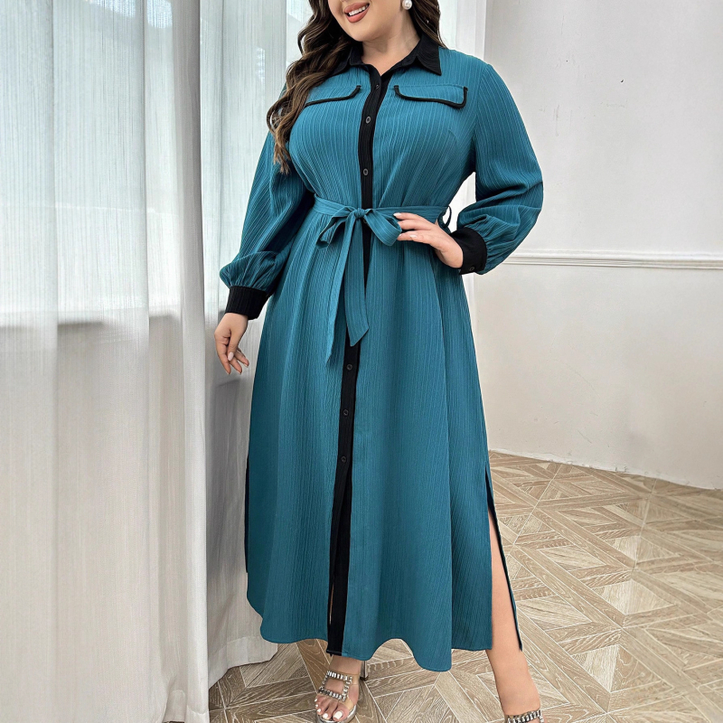 Rochie-cămașă retro, blocuri de culoare, pentru femei, lungime midi până la genunchi, toamna 2025, talie definită, stil elegant matur.