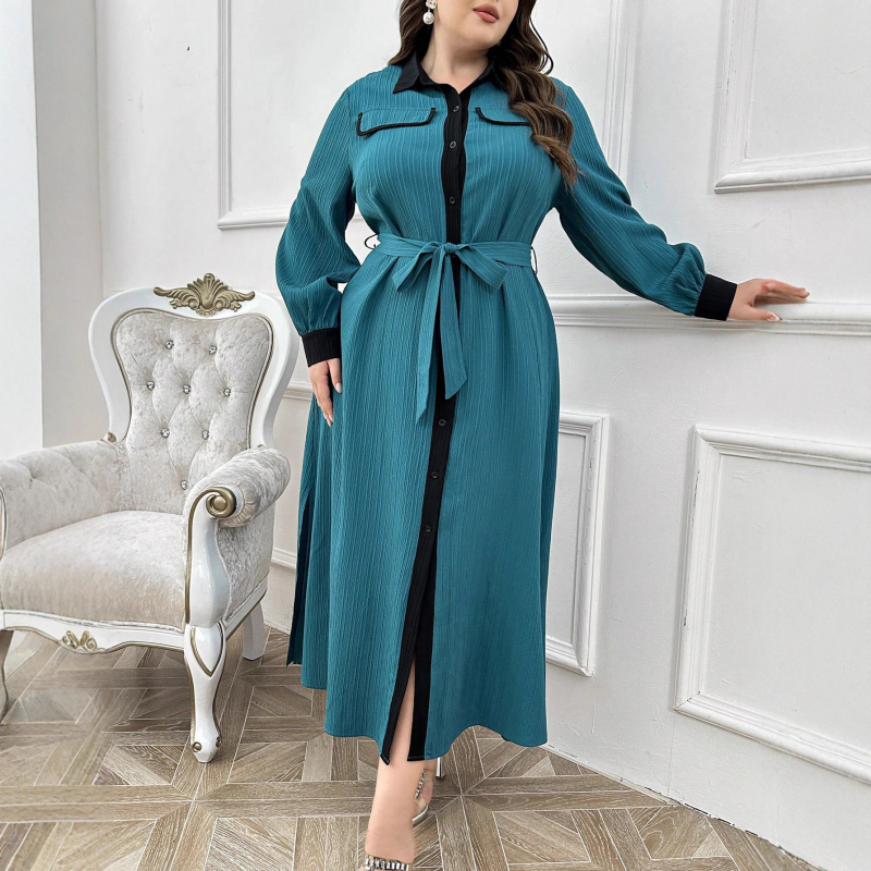 Rochie-cămașă retro, blocuri de culoare, pentru femei, lungime midi până la genunchi, toamna 2025, talie definită, stil elegant matur.