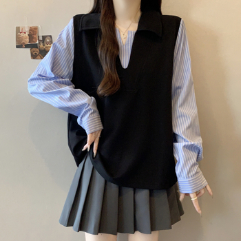 Cămașă de mărime mare, aspect patchwork în dungi, iluzie de două piese, mâneci lungi, top elegant de toamnă