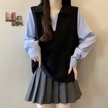 Cămașă de mărime mare, aspect patchwork în dungi, iluzie de două piese, mâneci lungi, top elegant de toamnă
