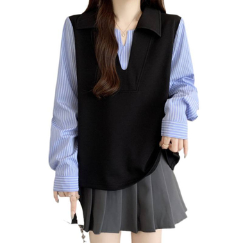 Cămașă de mărime mare, aspect patchwork în dungi, iluzie de două piese, mâneci lungi, top elegant de toamnă