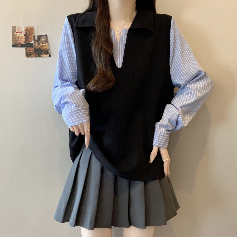 Cămașă de mărime mare, aspect patchwork în dungi, iluzie de două piese, mâneci lungi, top elegant de toamnă