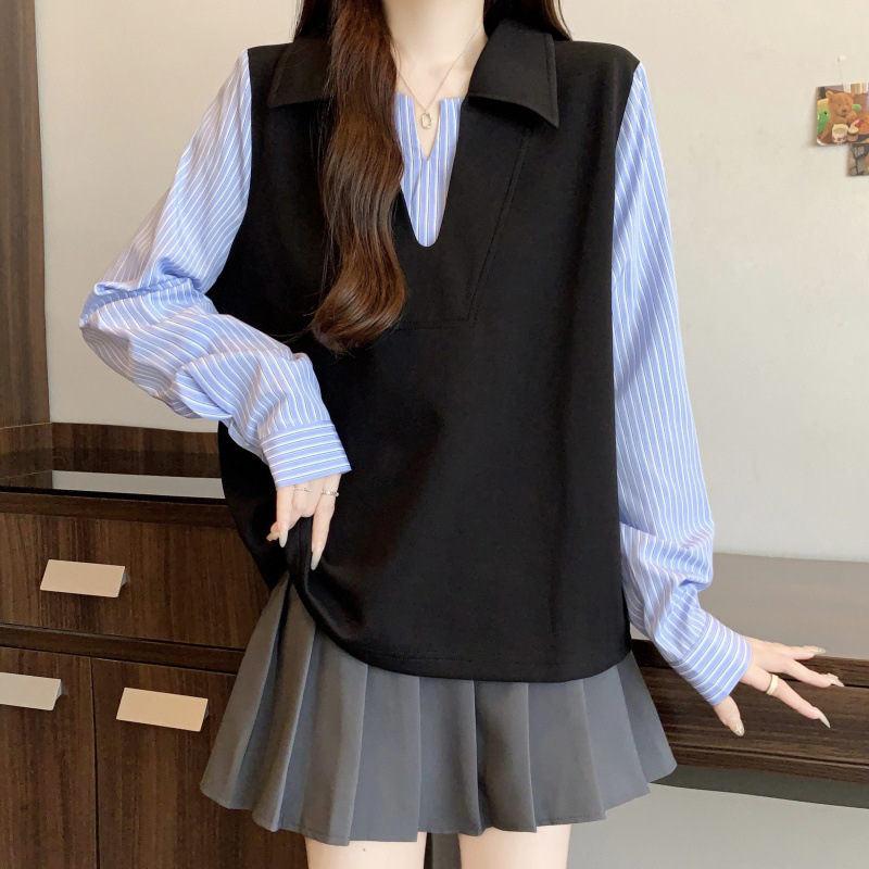 Cămașă de mărime mare, aspect patchwork în dungi, iluzie de două piese, mâneci lungi, top elegant de toamnă