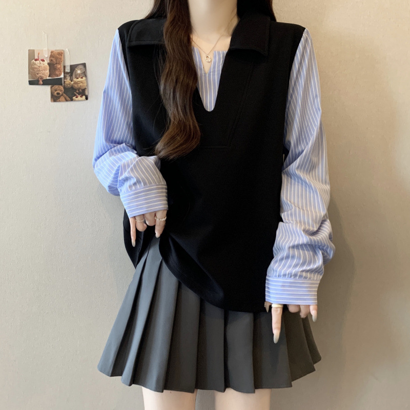 Cămașă de mărime mare, aspect patchwork în dungi, iluzie de două piese, mâneci lungi, top elegant de toamnă