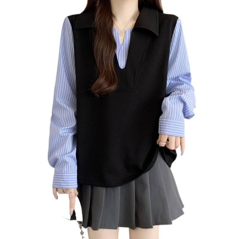 Cămașă de mărime mare, aspect patchwork în dungi, iluzie de două piese, mâneci lungi, top elegant de toamnă