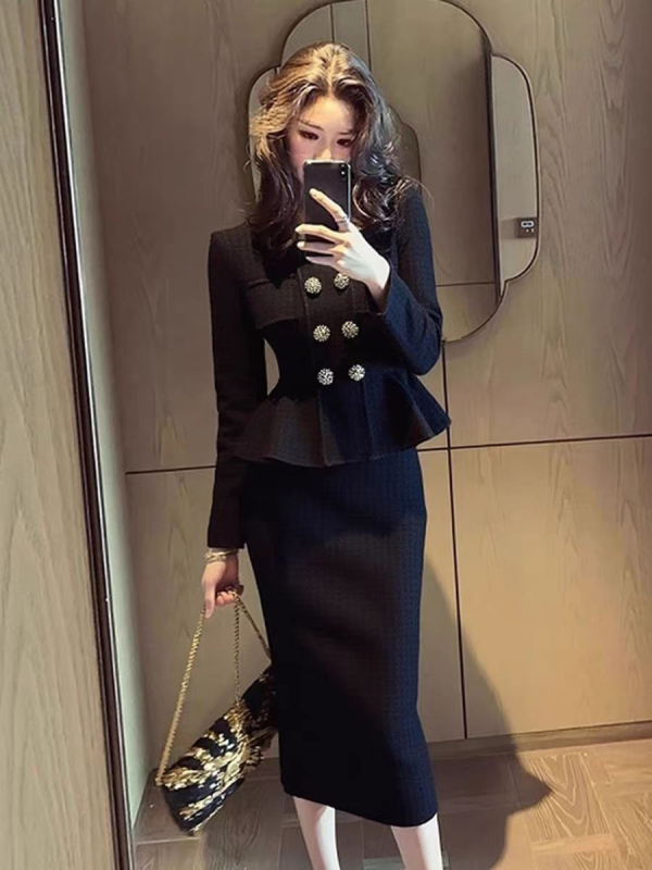 Zimski ženski komplet s crnim sakom i midi suknjom, elegantan gradski stil