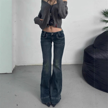 Amerikai stílusú alacsony derekú skinny denim nadrág, enyhe kiszélesedéssel a lábszárnál, nőknek, petite méret, vintage mosott, teljes hosszúságú, tavasz–ősz