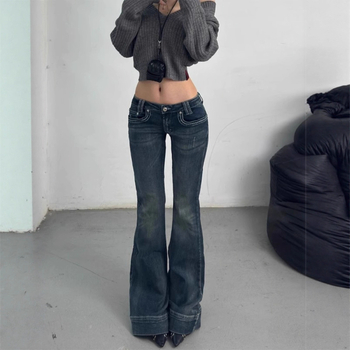 Amerikai stílusú alacsony derekú skinny denim nadrág, enyhe kiszélesedéssel a lábszárnál, nőknek, petite méret, vintage mosott, teljes hosszúságú, tavasz–ősz