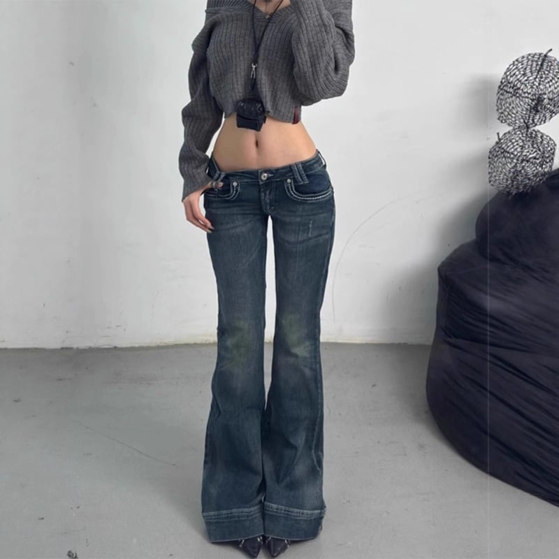 Amerikai stílusú alacsony derekú skinny denim nadrág, enyhe kiszélesedéssel a lábszárnál, nőknek, petite méret, vintage mosott, teljes hosszúságú, tavasz–ősz