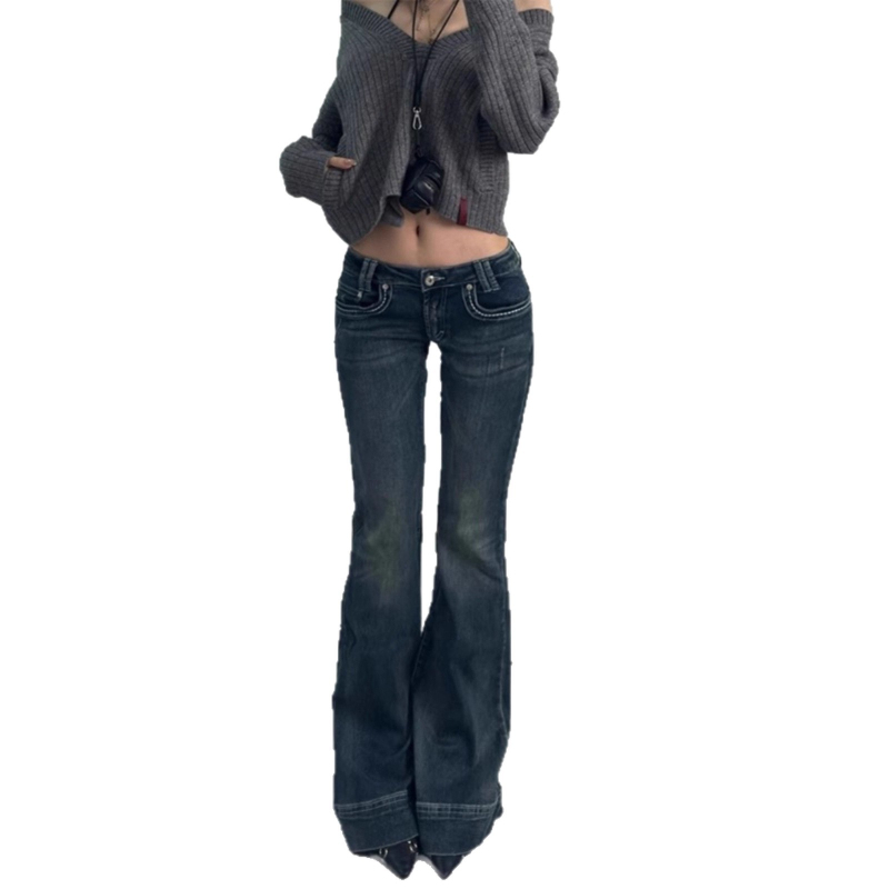 Amerikai stílusú alacsony derekú skinny denim nadrág, enyhe kiszélesedéssel a lábszárnál, nőknek, petite méret, vintage mosott, teljes hosszúságú, tavasz–ősz