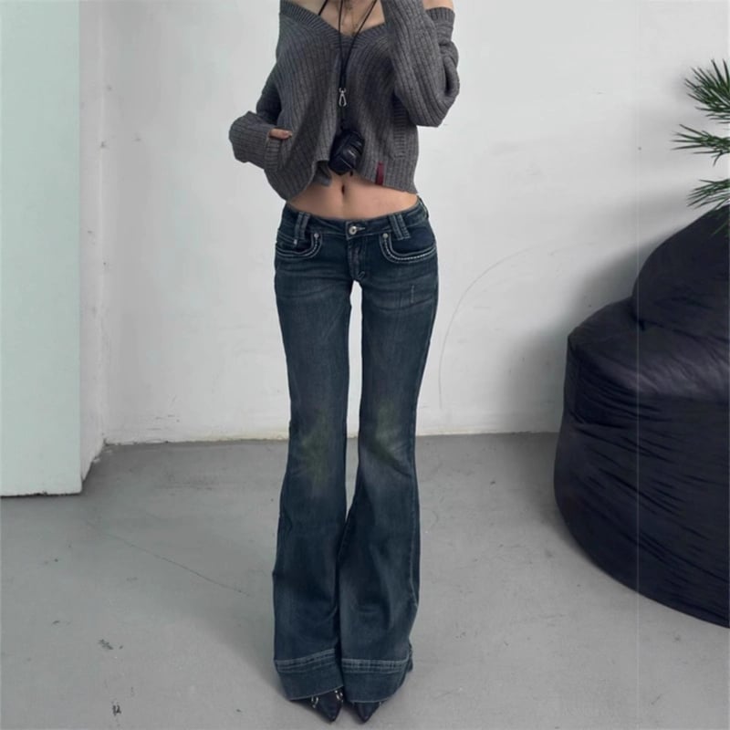 Amerikai stílusú alacsony derekú skinny denim nadrág, enyhe kiszélesedéssel a lábszárnál, nőknek, petite méret, vintage mosott, teljes hosszúságú, tavasz–ősz