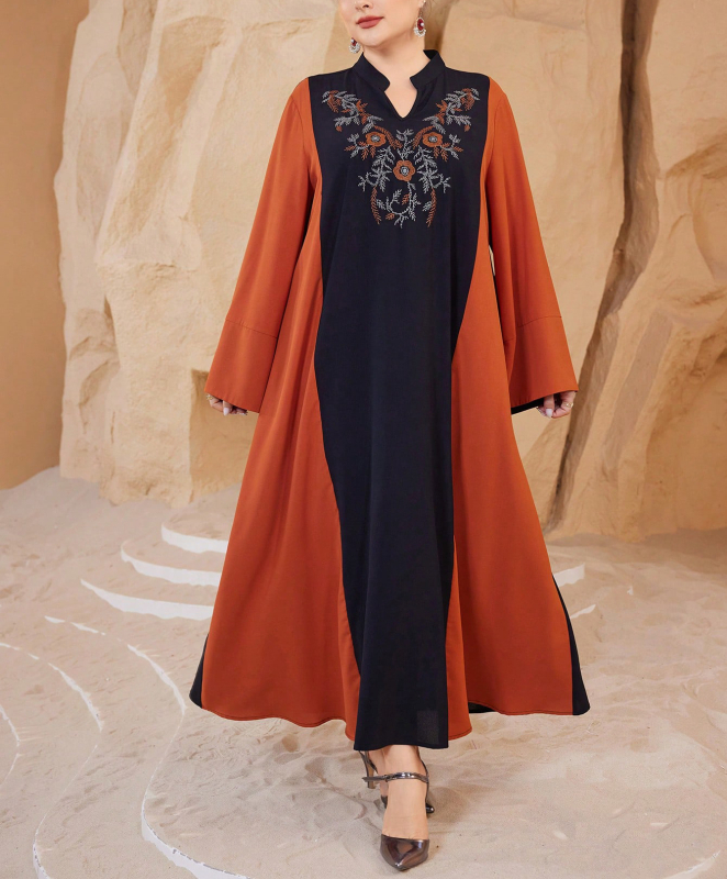 În stoc: rochie lungă brodată, stil etnic, elegantă pentru femei plus size – croială dreaptă, rochie de seară lungă