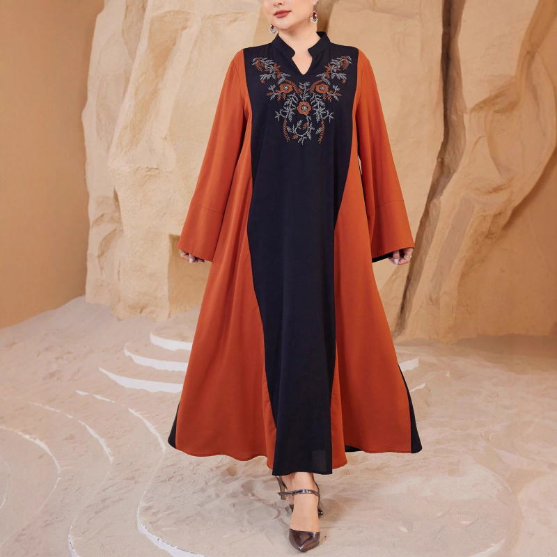 În stoc: rochie lungă brodată, stil etnic, elegantă pentru femei plus size – croială dreaptă, rochie de seară lungă