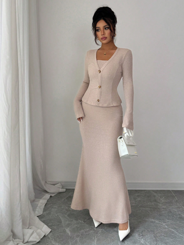 Jesensko-zimski set: kaput i pleteni džemper uz dugu suknju, elegantan ženski outfit, 2025 novi model