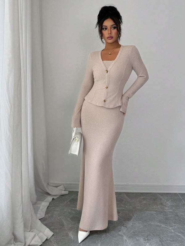 Jesensko-zimski set: kaput i pleteni džemper uz dugu suknju, elegantan ženski outfit, 2025 novi model