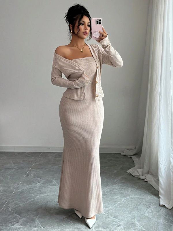 Jesensko-zimski set: kaput i pleteni džemper uz dugu suknju, elegantan ženski outfit, 2025 novi model