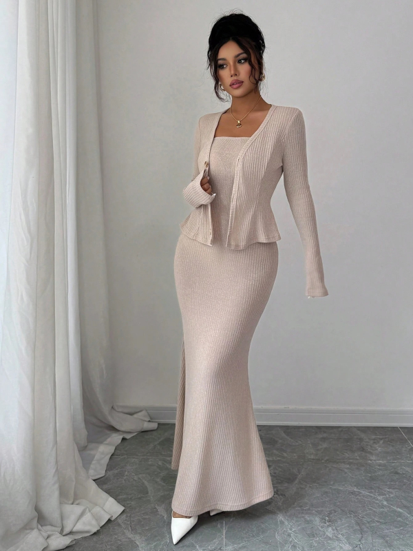 Jesensko-zimski set: kaput i pleteni džemper uz dugu suknju, elegantan ženski outfit, 2025 novi model