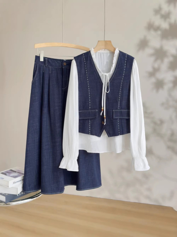 Imitacijska džins veste, bijela košulja i suknja — ženski trodijelni poslovni komplet za proljeće, od tencel pamuka.