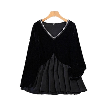Top pentru femei plus size, iarnă, cu mărgele, decolteu în V, mâneci lungi, poliester, mărime L