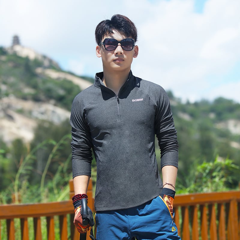 Мъжка лека спортна тениска за открито, еластична и бързосъхнеща, тънка Slim-fit, със стойка яка, за катерене, походи и бягане през лятото