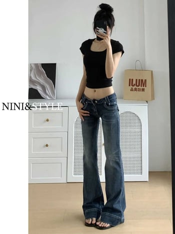 Női alacsony derekú, enyhén bővülő farmernadrág denimből, őszi–téli szezon, karcsú szabás, amerikai retro stílus