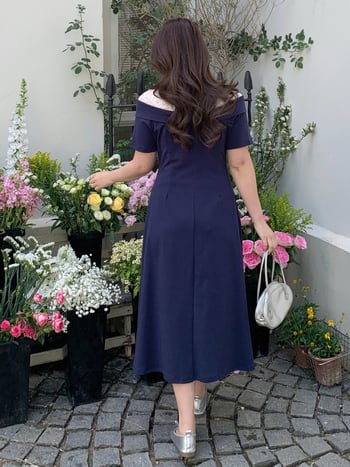 Rochie plus-size în stil socialite, primăvara 2026, inspirată de stilul franțuzesc, talie accentuată, lungă, din bumbac și elastan, 224197