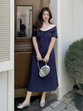 Rochie plus-size în stil socialite, primăvara 2026, inspirată de stilul franțuzesc, talie accentuată, lungă, din bumbac și elastan, 224197