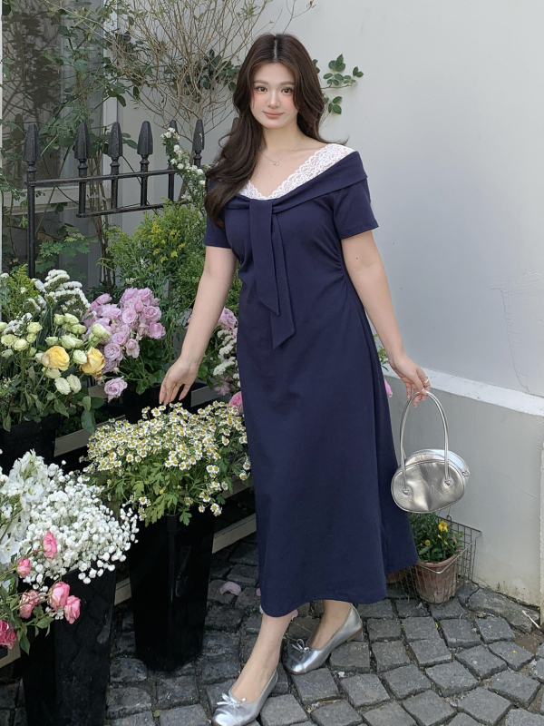 Rochie plus-size în stil socialite, primăvara 2026, inspirată de stilul franțuzesc, talie accentuată, lungă, din bumbac și elastan, 224197