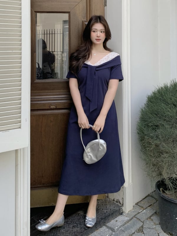 Rochie plus-size în stil socialite, primăvara 2026, inspirată de stilul franțuzesc, talie accentuată, lungă, din bumbac și elastan, 224197
