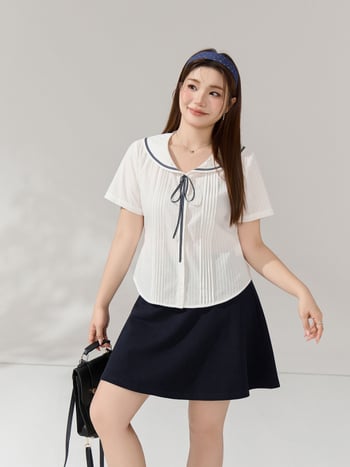 Cămașă cu guler marin și șnur, model color-block cu dungi, plus size femei, croială slim, top cu mâneci scurte 65571