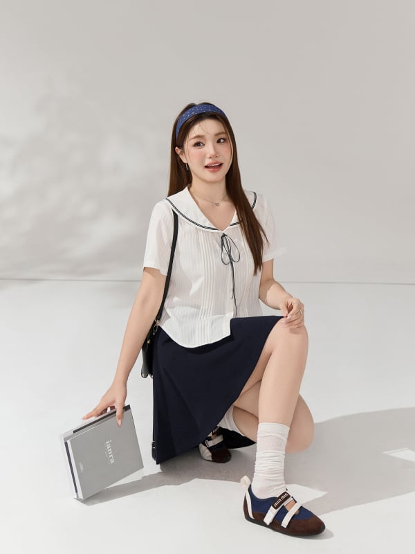 Cămașă cu guler marin și șnur, model color-block cu dungi, plus size femei, croială slim, top cu mâneci scurte 65571