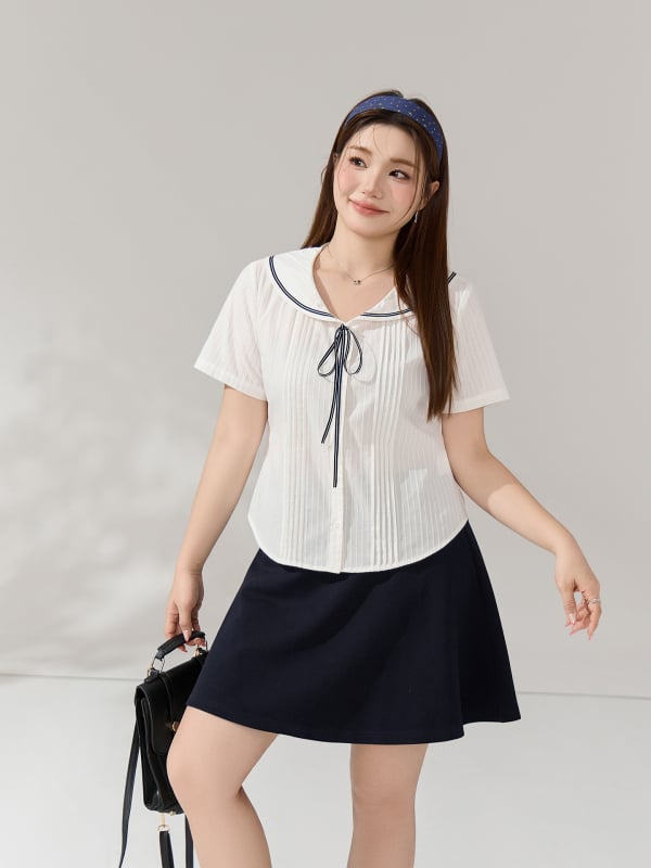 Cămașă cu guler marin și șnur, model color-block cu dungi, plus size femei, croială slim, top cu mâneci scurte 65571