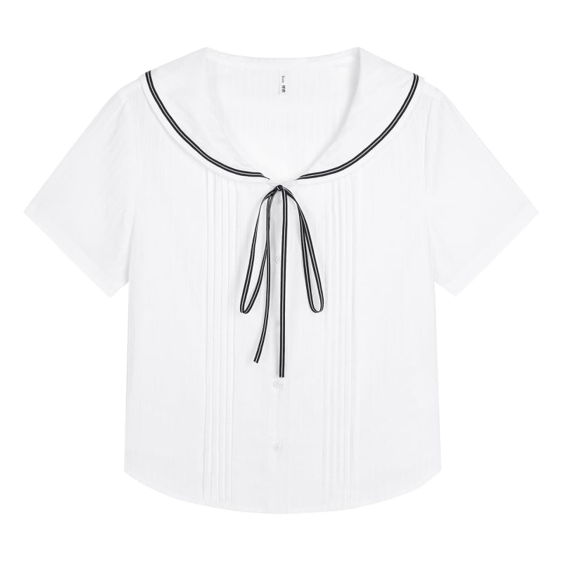 Cămașă cu guler marin și șnur, model color-block cu dungi, plus size femei, croială slim, top cu mâneci scurte 65571