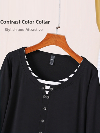 Plus-size dámske tričko s color-block dizajnom na jaru a jeseň, voľný strih, lichotí postave, 66002T