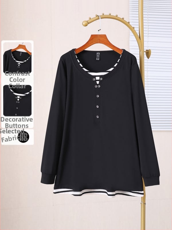 Plus-size dámske tričko s color-block dizajnom na jaru a jeseň, voľný strih, lichotí postave, 66002T