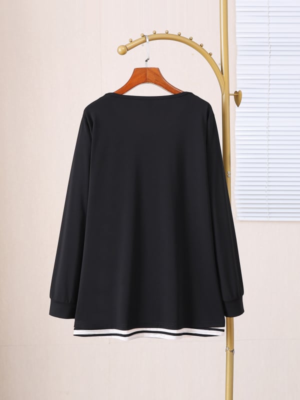 Tricou damă plus size cu design color-block pentru primăvară-toamnă, croială lejeră, evidențiază silueta, 66002T