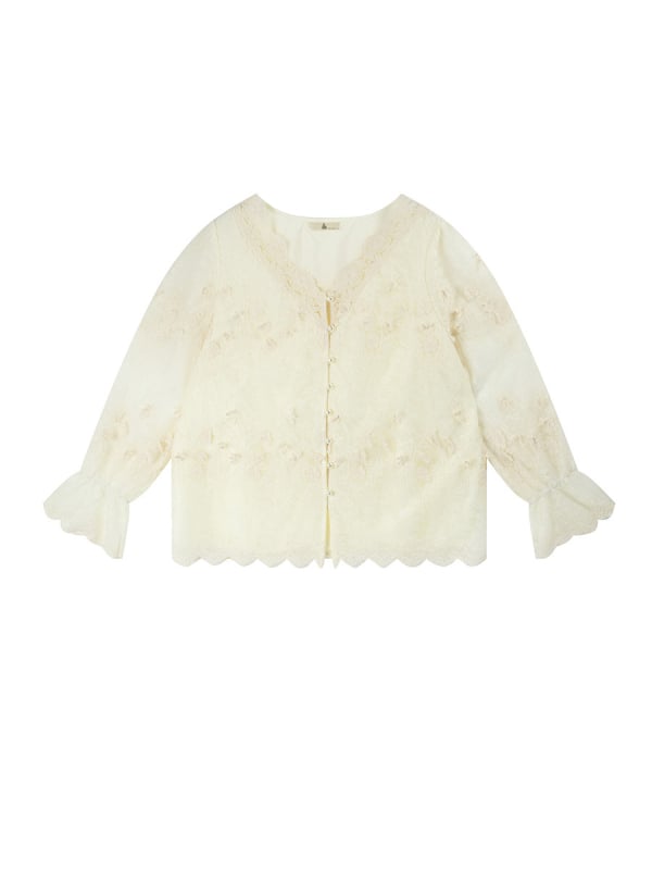 Love cardigan damă din dantelă jacquard cu mâneci evazate, decolteu în V, mărime L, lungime 65–80 cm