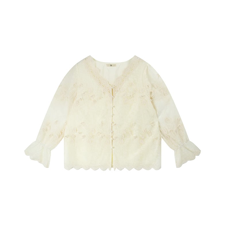 Love cardigan damă din dantelă jacquard cu mâneci evazate, decolteu în V, mărime L, lungime 65–80 cm